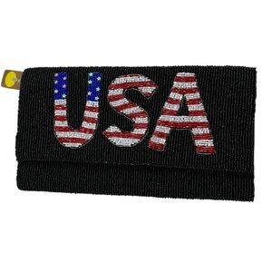 USA Beaded Black Clutch Shoulder Purse Goldtone Strap American Patriotic